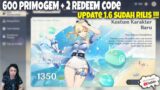 600 Primogem + 2 Redeem Code Update 1.6 Genshin Impact