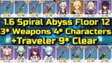 Genshin Impact 1.6 Spiral Abyss Floor 12 Using 3* Weapons 4* Characters + Traveler 9* Clear