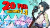 20 FREE Wishes & FREE 4-Star Character Genshin Impact 1.3!