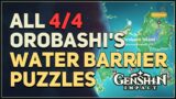 All 4 Inazuma Water Barrier Pillar Puzzles Genshin Impact (Orobashi's Legacy)