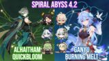 C0 Alhaitham Quickbloom x C1 Burning Melt Ganyu – Spiral Abyss 4.2 Full Star Clear | Genshin Impact